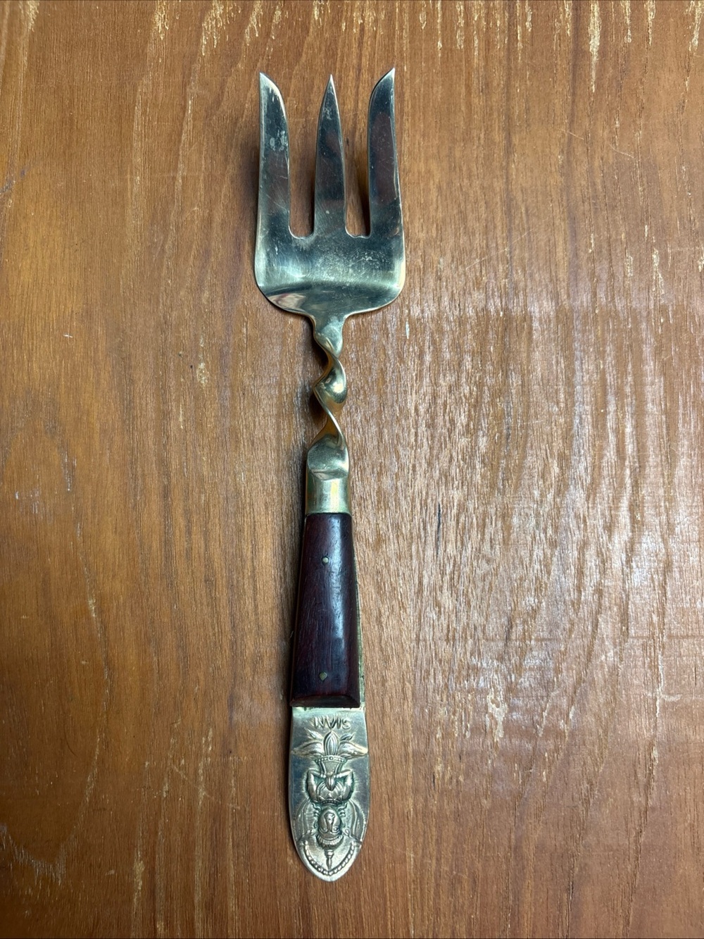 Vintage Siam Thailand Serving Fork Twisted Silverware Brass Wood Handle Flatware